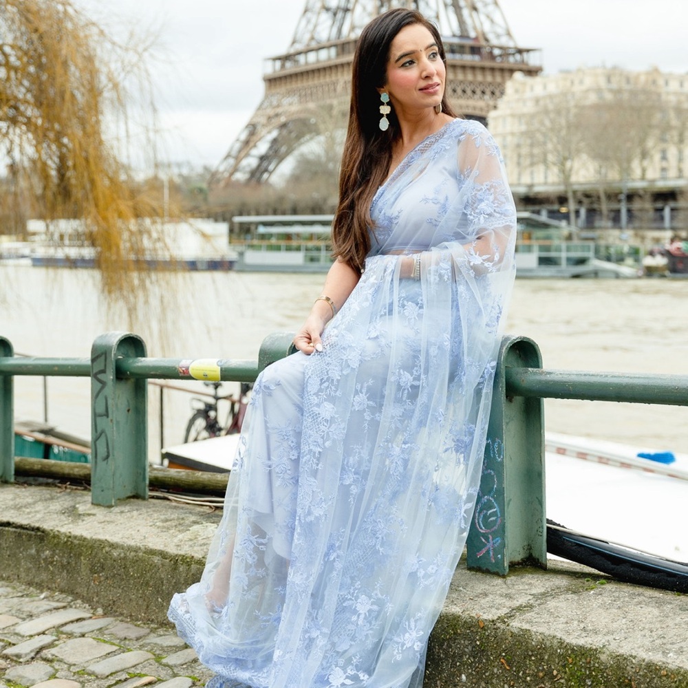 Tia bhuva blue lace saree and blouse